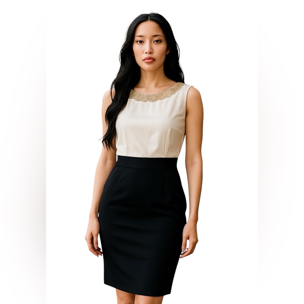VINTAGE CONNECTED APPAREL COCKTAIL DRESS Black & White Pearl Embellished Sheath